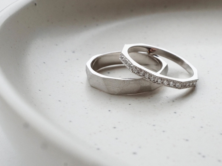 FACET BAND RING & DECAGON MILGRAIN PAVE RING