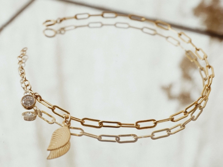 LEAF & STONE RECTANGLE CHAIN BRACELET (GF)