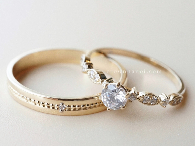 STONE MILGRAIN RING - 3MM & 6 PRONG SOLITAIRE LEAFY PAVE RING