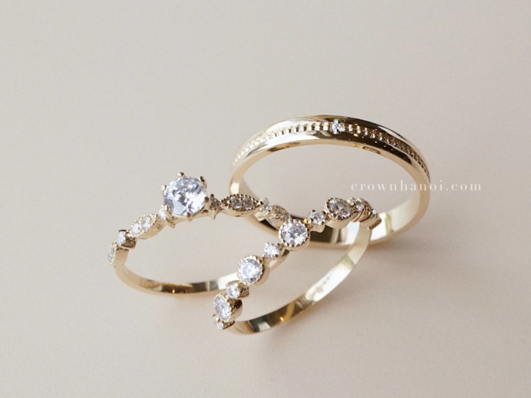 STONE MILGRAIN RING - 3MM & 6 PRONG SOLITAIRE LEAFY PAVE RING & ROUND MILGRAIN ALTERNATING RING