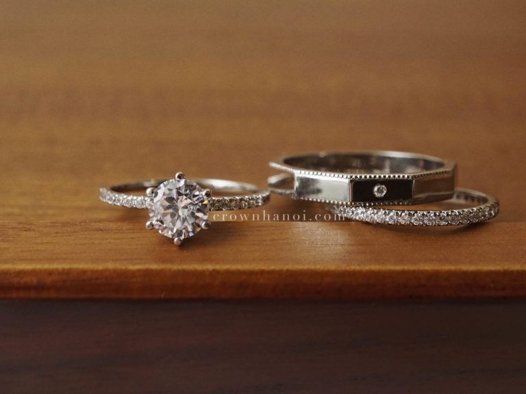 STONE DECAGON MILGRAIN RING & PAVE ETERNITY RING & 6 PRONG SOLITAIRE PAVE RING – 6MM (PLATINUM)