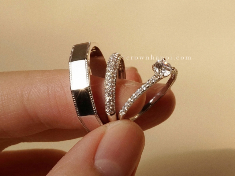 DECAGON MILGRAIN RING – 4.5MM & 4 PRONG SOLITAIRE PAVE RING – 4MM & SPARKLE PAVE RING (PLATINUM)