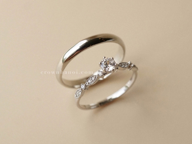 D-SHAPE BAND RING - 3MM & 6 PRONG SOLITAITE LEAFY PAVE RING
