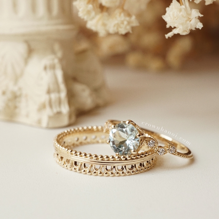 MILGRAIN GOTHIC RING & AQUAMARINE DAHLIA RING