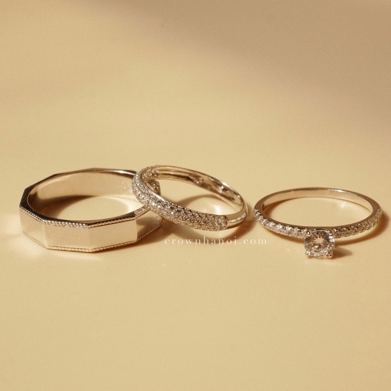 DECAGON MILGRAIN RING - 4.5MM & 4 PRONG SOLITAIRE PAVE RING - 4MM & SPARKLE PAVE RING