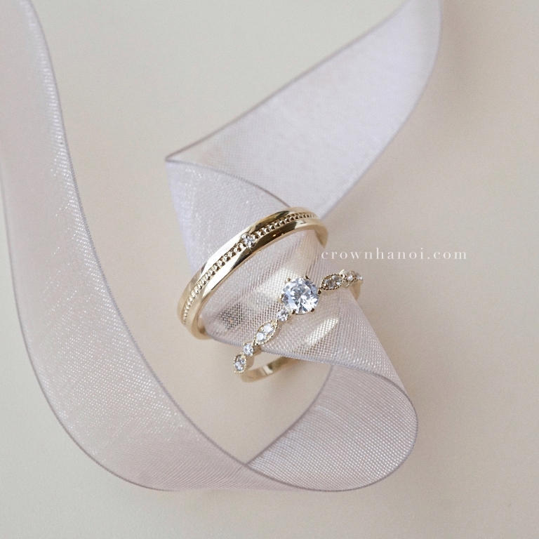 STONE MILGRAIN RING - 3MM & 6 PRONG SOLITAIRE LEAFY PAVE RING