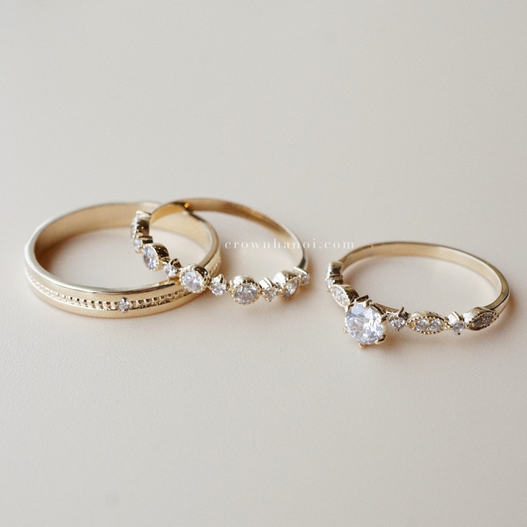 STONE MILGRAIN RING - 3MM & 6 PRONG SOLITAIRE LEAFY PAVE RING & ROUND MILGRAIN ALTERNATING RING