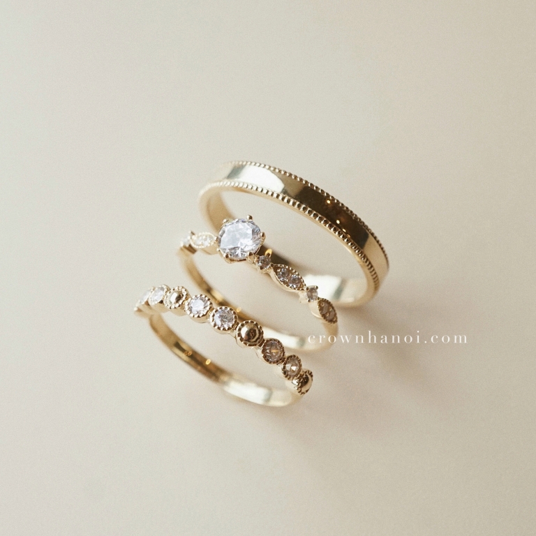 DOUBLE MILGRAIN RING & 6 PRONG SOLITAIRE LEAFY PAVE RING & EUDEMONIA RING