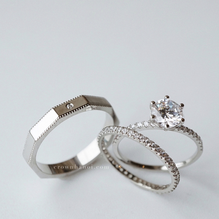 STONE DECAGON MILGRAIN RING & PAVE ETERNITY RING & 6 PRONG SOLITAIRE PAVE RING – 6MM (PLATINUM)