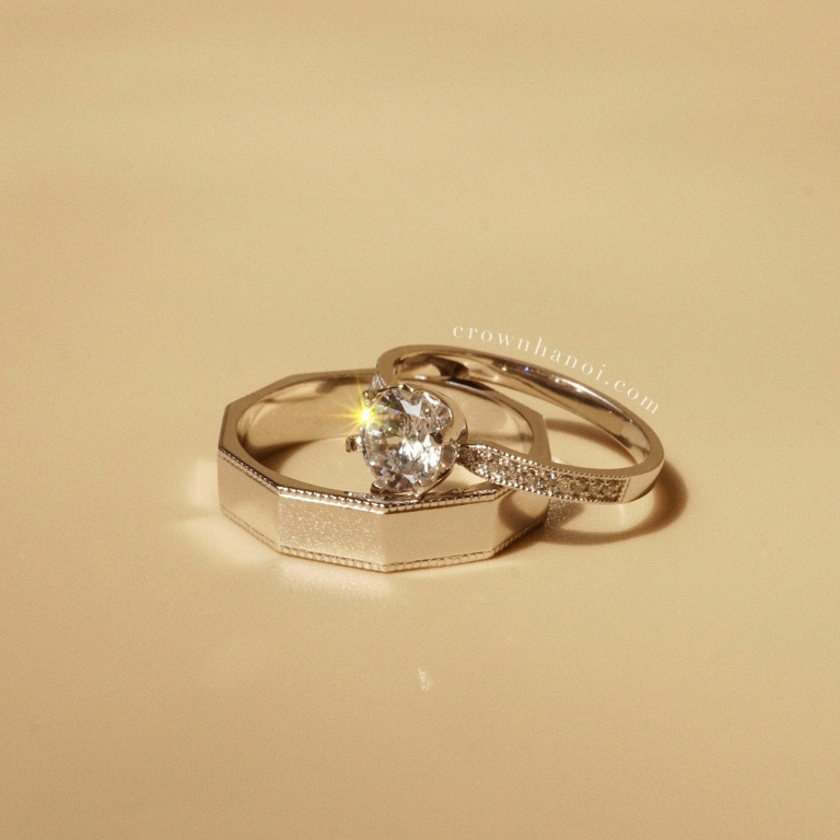 DECAGON MILGRAIN RING – 4.5MM & 6 PRONG SOLITAIRE MILGRAIN ETERNITY RING (PLATINUM)