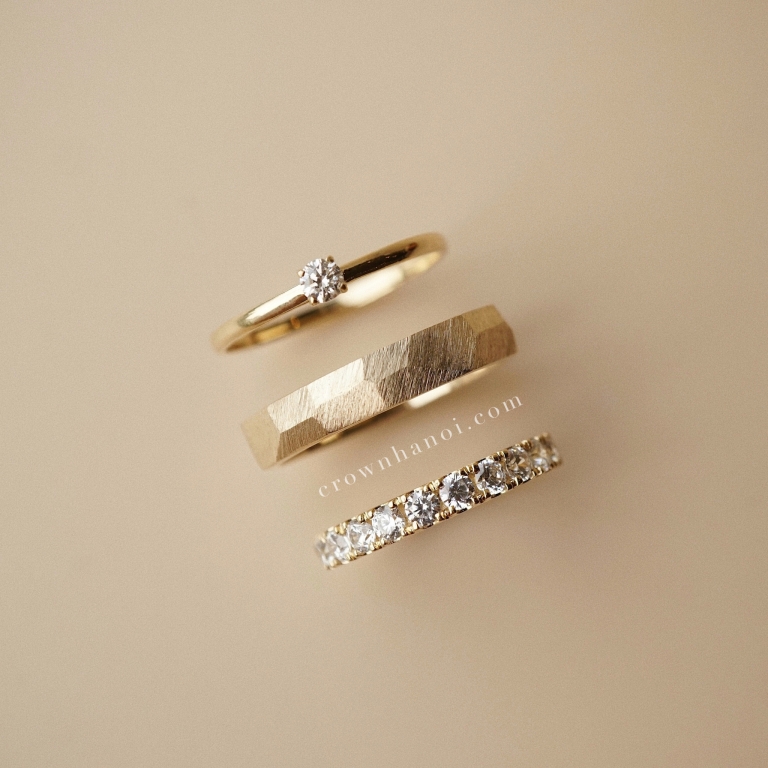 FACET BAND RING & HALF BOLD PAVE ETERNITY RING 2.5MM & 4 PRONG SOLITAIRE RING - 4MM