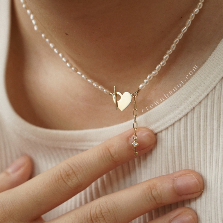 HEART & KEY CLASP - RICE SHAPE PEARL CHOKER